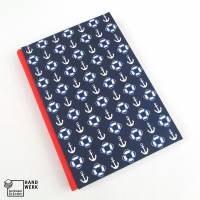 Notizbuch, DIN A5, 150 Blatt, handgefertigt, dunkel-blau, rot, weiß, maritim Bild 2