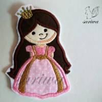 Prinzessin - mit Krone - rosa Kleid - lange, braune Haare - Aufnäher in verschiedenen Größen (M-L) - Bügelbild -- Applikation zum Aufbügeln Bild 1