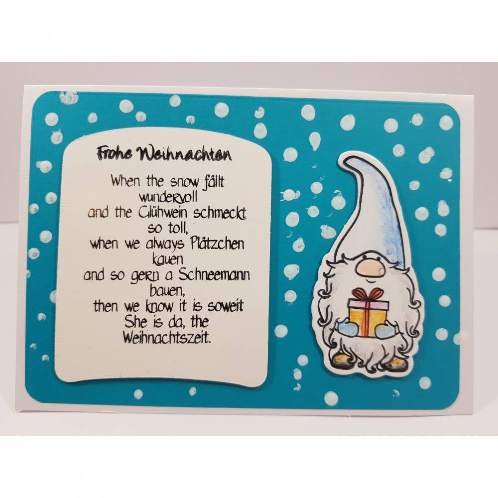 Weihnachtskarte Wichtel mit Gedicht blau türkis Bild 1