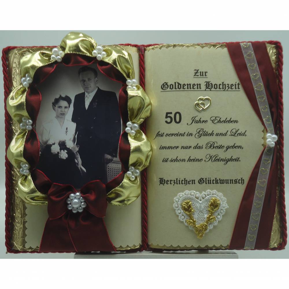 Handgefertigtes, wunderschönes Deko-Buch zur Goldene Hochzeit für Foto mit Holz-Buchständer Bild 1