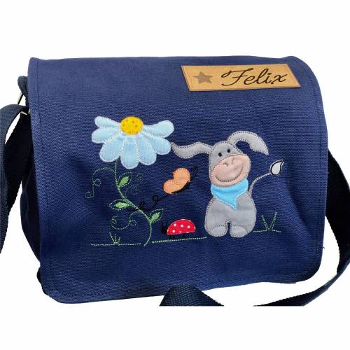 Kindergartentasche mit Name, dunkelblau, mit Esel, Blume und Marienkäfer