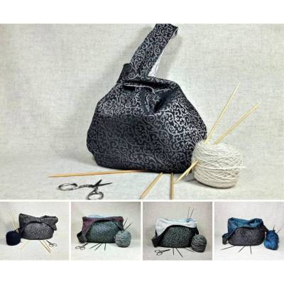 Häkelprojekttasche elegant schwarz silber, Strickprojektbeutel