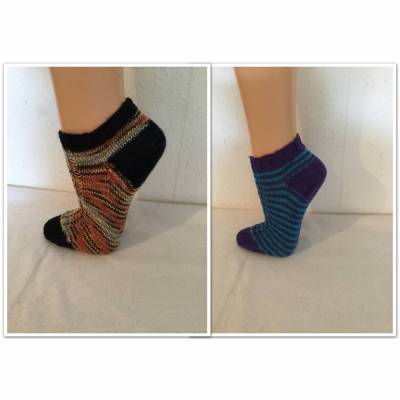 Größe 39 gestrickte Sneaker Socken,Doppelpack, Halbschuhsocken, kurze Strümpfe, Handarbeit, gestrickt, schwarz/bunt, lila,türkis,Gr.39