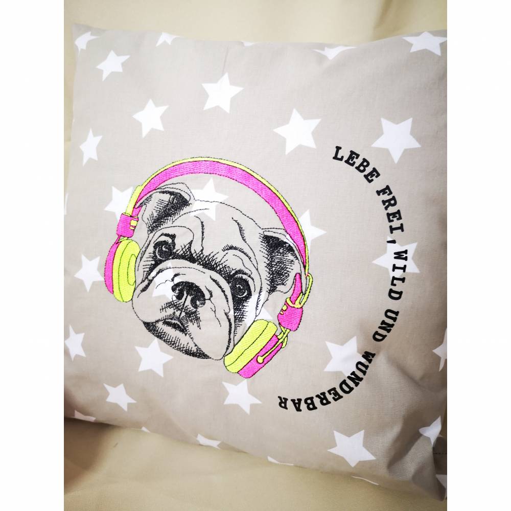 Französische Bulldogge Neon Kissen Füllung Dekokissen Geschenk Hund Motiv