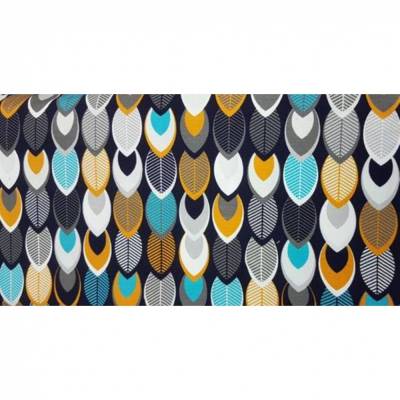 Baumwolljersey Herbstzeit Blätter – weiß-ocker-senf-türkis Meterware für Kleidung & Accessoires Stoffe nähen            