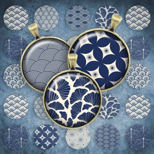 260 - Cabochon Vorlagen, 25mm 18mm 14mm 12mm, rund, Cabochon Motive, Bottle Cap images Japan Muster Wellen blau