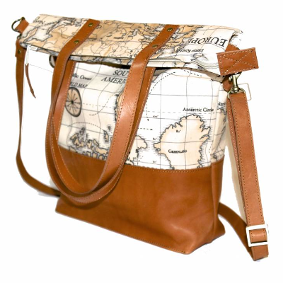 2 Funktionen SCHULTERTASCHE Leder & Stoff Design „Weltkarte” antik