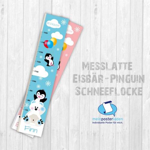 Messlatte: Eisbär & Pinguin - Schneeflocken - optional selbstklebend