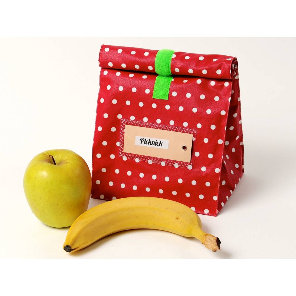 Lunchbag, Brotbeutel, Tasche, rot mit weißen Pünktchen, beschichtete Baumwolle, wasserabweisend Bild 1
