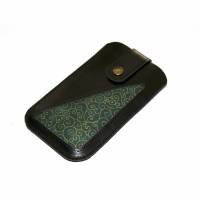 Smartphonetasche schwarzes Leder & Stoff grün gold Bild 1