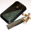 Smartphonetasche schwarzes Leder & Stoff grün gold Bild 3