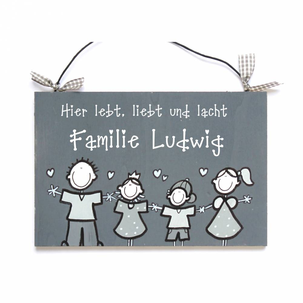 Türschild Holz Wunschfamilie in Grautönen Bild 1