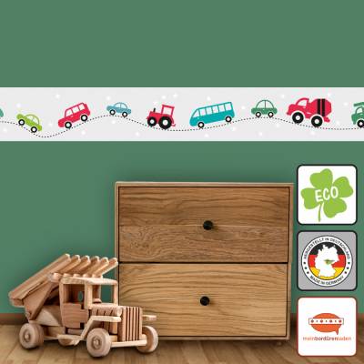 ECO Kinderbordüre: Bunte Autos mit Sternchen - 15 cm Höhe