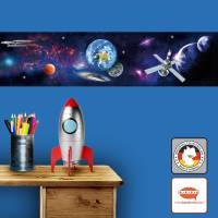 Vlies Bordüre: Weltall mit Raumschiffen und Planeten - 18 cm Höhe Bild 1