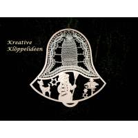 Klöppelbild in Glockenform im Motivrahmen mit Schneemann hängende Fensterdekoration Bild 1