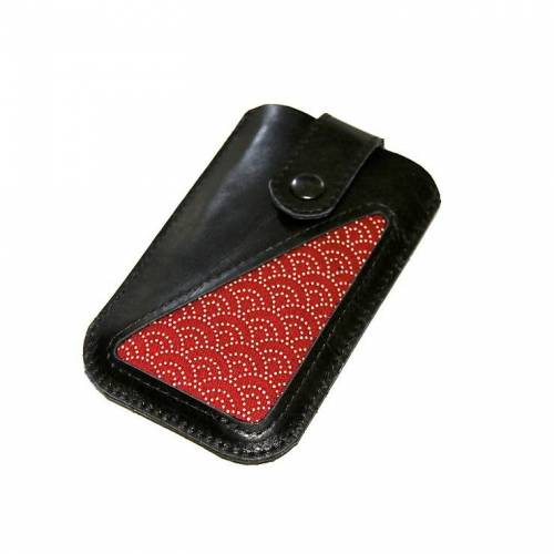 Smartphonetasche schwarzes Leder & Wellenstoff rot