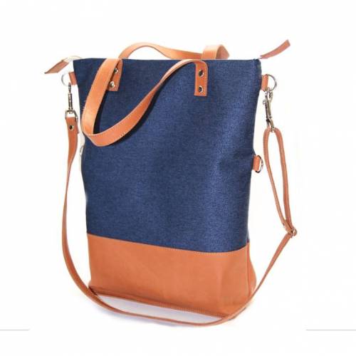 2 Funktionen SCHULTERTASCHE Leder & CANVAS-Stoff Design „Ozean”