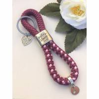 Schlüsselanhänger  aus Segelseil, Zwischenstück "beste Mama der Welt", versilberte Herzen, aubergine/rosa Bild 1