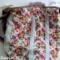 Beuteltasche Häkel- Bag Hippie- Tasche City- Bag Wollweiß Taupe Innentasche aus Baumwolle im Blüten- Design Bild 4