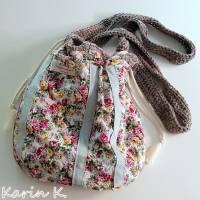 Beuteltasche Häkel- Bag Hippie- Tasche City- Bag Wollweiß Taupe Innentasche aus Baumwolle im Blüten- Design Bild 8
