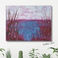 Moderen Malerei, Acrylbild am See auf MDF Platte, Stimmungsvolle Landschaft in Weinrot, Rosa und Blau, Wandkunst, Wohnraumdekoration Bild 1