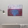 Moderen Malerei, Acrylbild am See auf MDF Platte, Stimmungsvolle Landschaft in Weinrot, Rosa und Blau, Wandkunst, Wohnraumdekoration Bild 4