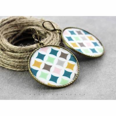 Ohrringe, Karo, Muster, geometrisch, Pastell, weiß, blau, rosa, gelb, grau, retro, bronze, Scheibe, groß, bunt, Freundin, Geburtstag