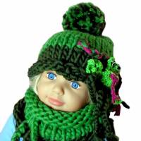 Bommelmütze mit Frosch- Applikation und Schlauchschal Baby Kleinkind Rollränder Grün Schlamm gestrickt Lana Grossa Bild 1