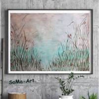 Original Acrylbild mit einer Landschaft an See, ungerahmt auf Künstlerpapier in den Farben Braun, Türkis und Terracotta, Wandkunst, Wandbild Bild 1