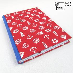 Notizbuch, DIN A5, hell-rot, blau, maritim, Logbuch, handgefertigt