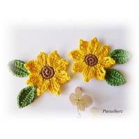 6-teiliges Häkelset: 2 gehäkelte Sonnenblumen mit 4 Blättern - Häkelapplikation,Häkelblumen,Aufnäher,gelb,grün