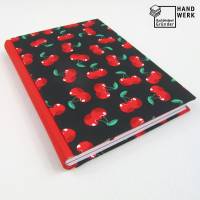Notizbuch, DIN A5, 150 Blatt, schwarz rot Kirschen, Recyclingpapier, handgefertigt Bild 1