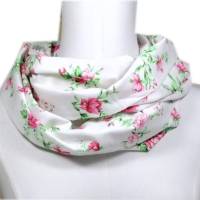 Loop Schlauchschal wollweiß weiß pink Blumen floral handmade Schal Damen Bild 1