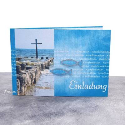 Einladungskarte Konfirmation, Kommunion oder Firmung "Kreuz im Meer"