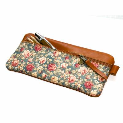 Elegantes Federmäppchen Leder in cognacfarben & Rosen petrol