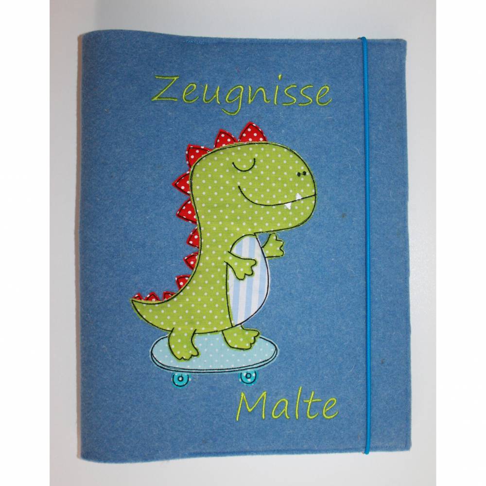 Zeugnismappe - Zeugnishülle " Dino " mit Namen inkl. Sichtbuch A4 - Wollfilz Bild 1