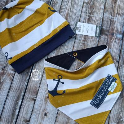 Mütze & Tuch Gr. 53 Anker Streifen in weiß und senf