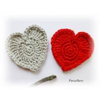 2 gehäkelte Herzen aus glänzender Baumwolle - Applikationen Herz, Trachten,Valentinstag,rot Bild 1