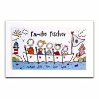Geschenk für Familien, maritimes Türschild aus Holz mit Namen personalisiert, Holzschild Familie mit Figuren in Boot. Bild 1