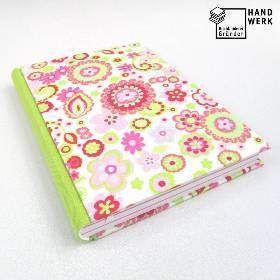 Notizbuch, DIN A5, 300 Seiten, rosa, hell-grün, pink, Blumen