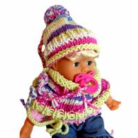 Bommelmütze und Schlauchschal Weiß Hellgelb Hellblau Lila Pink  Colorblocking Puppenkind- Kopfumfang: 31 cm handgestrickt hochwertige Wolle Bild 1