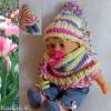 Bommelmütze und Schlauchschal Weiß Hellgelb Hellblau Lila Pink  Colorblocking Puppenkind- Kopfumfang: 31 cm handgestrickt hochwertige Wolle Bild 6