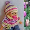 Bommelmütze und Schlauchschal Weiß Hellgelb Hellblau Lila Pink  Colorblocking Puppenkind- Kopfumfang: 31 cm handgestrickt hochwertige Wolle Bild 9