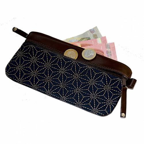Elegantes PORTEMONNAIE  Leder & Stoff „asanoha”