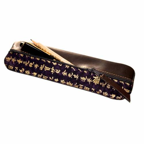 Federmäppchen Leder & Stoff  „Kanji” Schriftzeichen gold