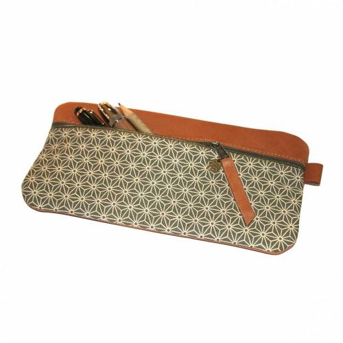 Federmäppchen Leder & Stoff  „Asanoha” khaki