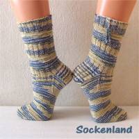 handgestrickte Socken, Strümpfe Gr. 38/39, Damensocken in gelb, blau und grau, Einzelpaar Bild 1