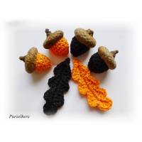 Häkelapplikationen - Tischdeko - 6-teiliges Häkelset: 4 Eicheln mit 2 Eichenblättern -orange,schwarz - Halloween Bild 1