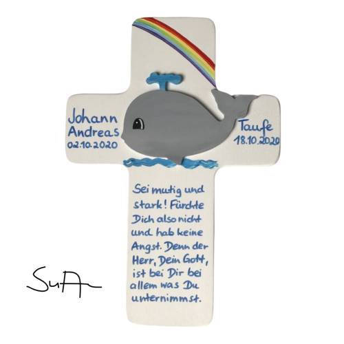 Taufkreuz Holzkreuz Kinderkreuz Wal und Regenbogen  3-D zur Taufe/Geburt/Kommunion