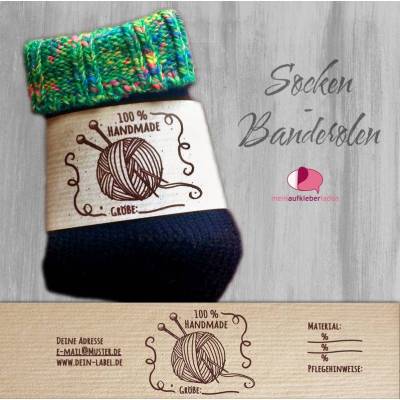 6 Sockenbanderolen: Handmade - braun - personalisierbar | mit transparente Klebepunkte